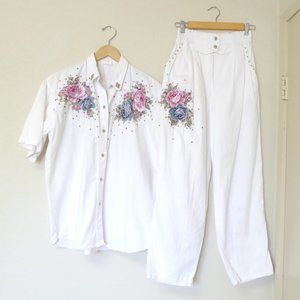 1990s Vintage women's floral glitter studded applique white denim set size large